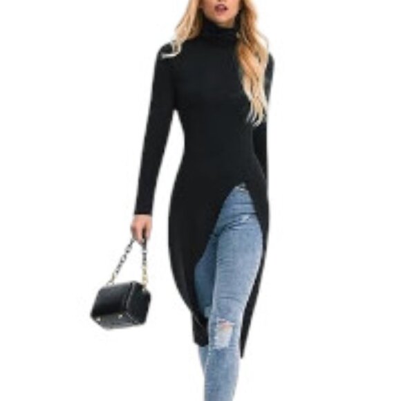 Cloud & Moon Chic Sexy Slim Fit Turtleneck Split High Black Duster Top - Picture 4 of 9
